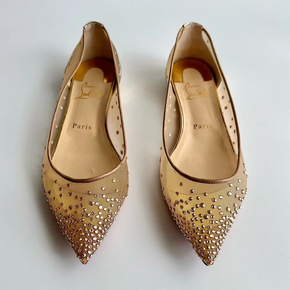 CHRISTIAN LOUBOUTIN Follies Strass Gold Crystal Pointed Toe Ballerina Flats 38 - Picture 5 of 16